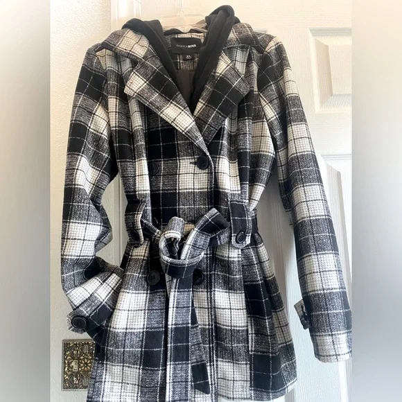 FASHION NOVA 🖤💖🤍PLAID BUTTON FRONT PEACOAT-WITH SASH & DETACHABLE HOODIE-XL - Picture 2 of 16